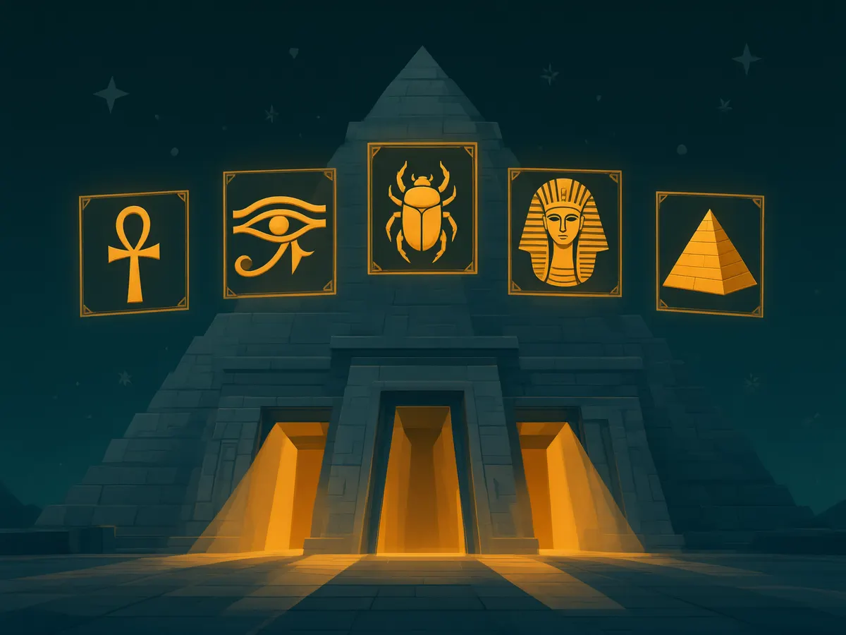 Illustration of a stone pyramid with four glowing gateways representing the 4 Gates of Pyramid slot bonus features