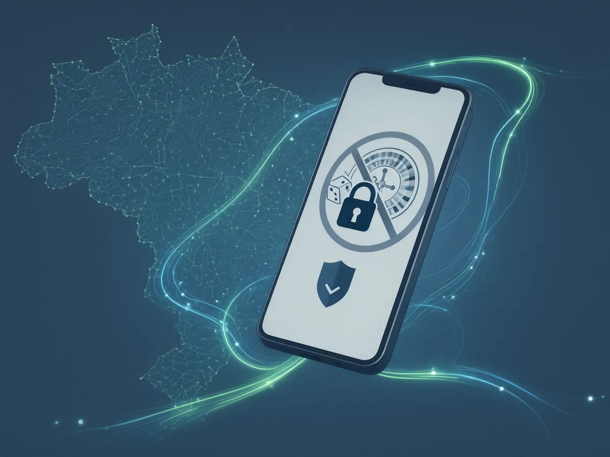 Smartphone showing a blocked betting site with network routes bypassing the block over an outline of Brazil