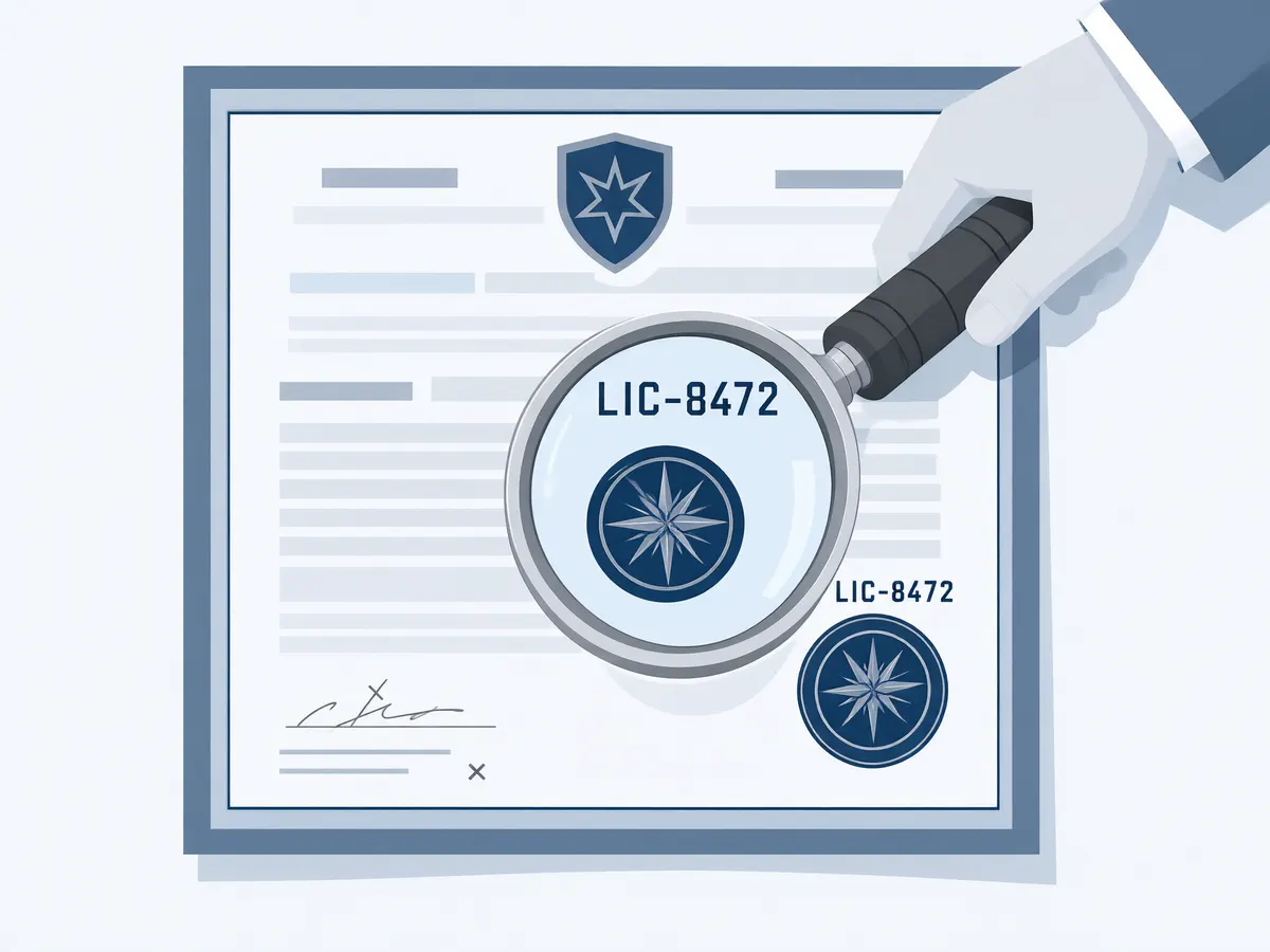 Magnifying glass inspecting a casino gaming licence certificate with a licence number