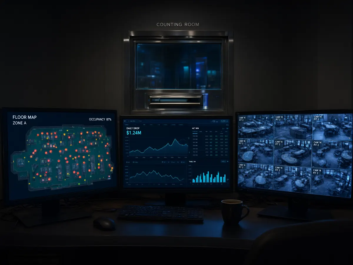 Back-of-house casino monitoring screens showing floor layout and accounting data