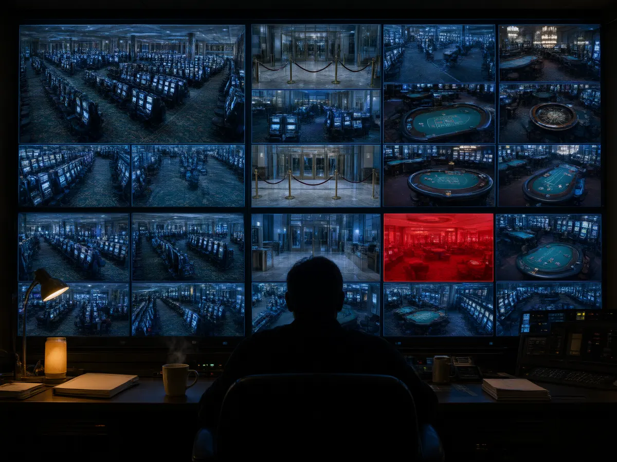 Casino surveillance room monitors showing an evacuated gaming floor during a security threat investigation