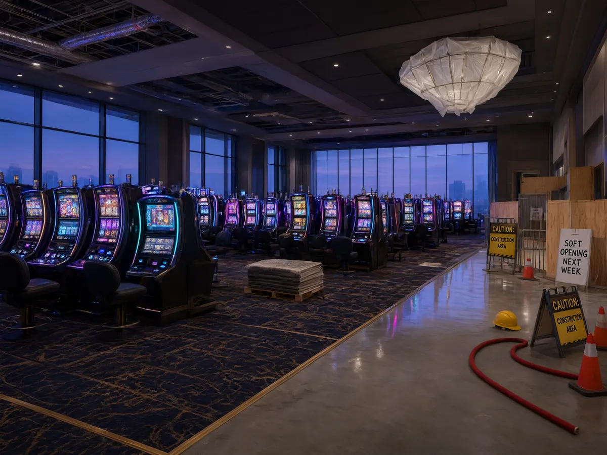 Newly built casino gaming floor with rows of slot machines ahead of opening day