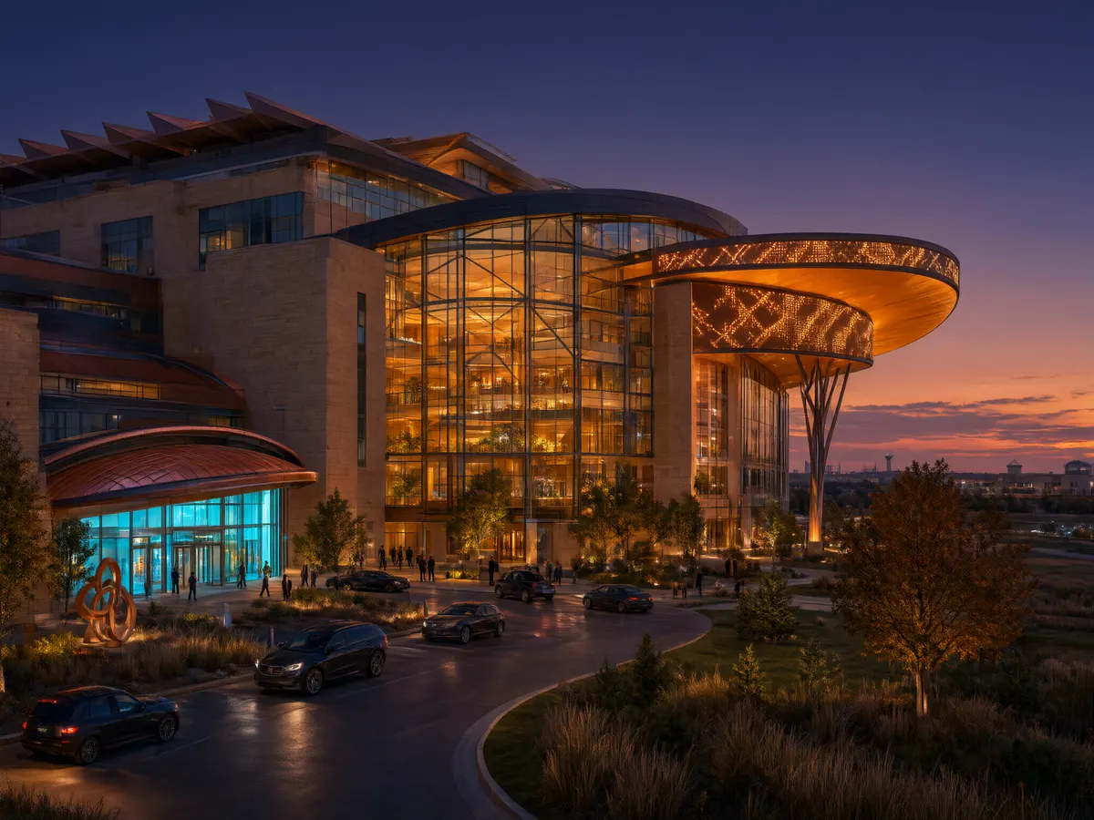Rendering of a modern casino and entertainment centre at dusk with a separate side entrance for its science centre