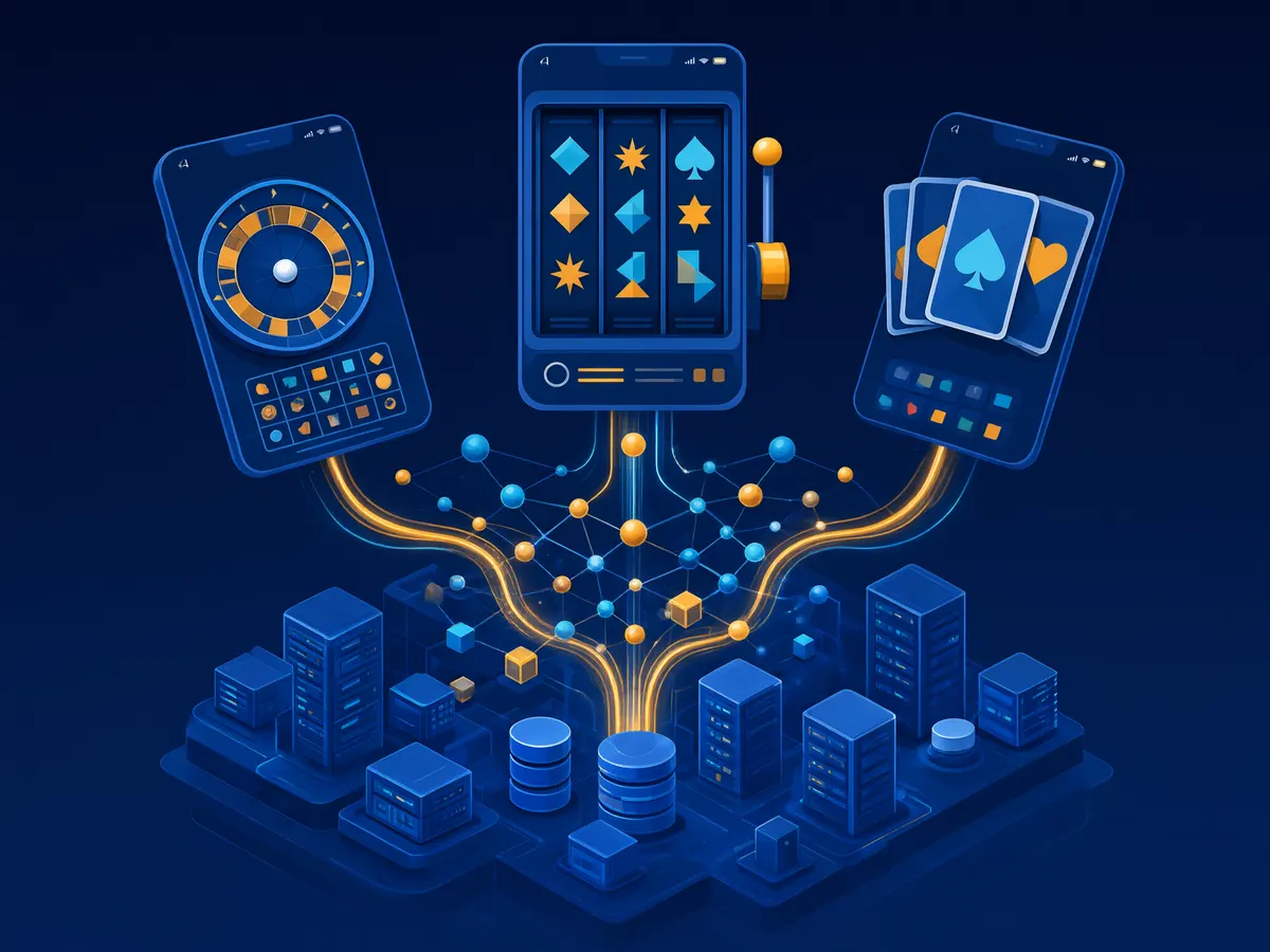 Illustration of a crypto casino engine as a backend layer connecting game providers to casino front ends