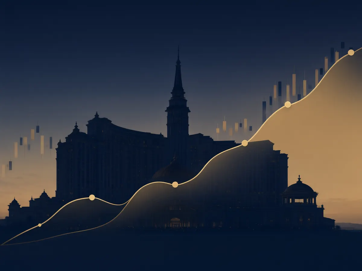 Casino resort silhouette with financial chart overlay representing operator balance sheet analysis