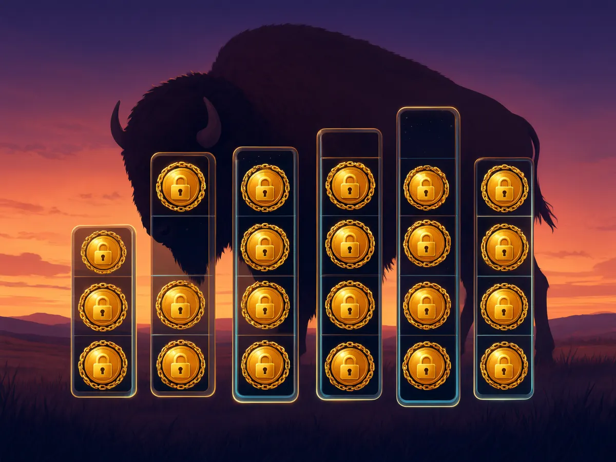 Illustration of an uneven six-reel slot grid with a buffalo silhouette, representing grid pays mechanics