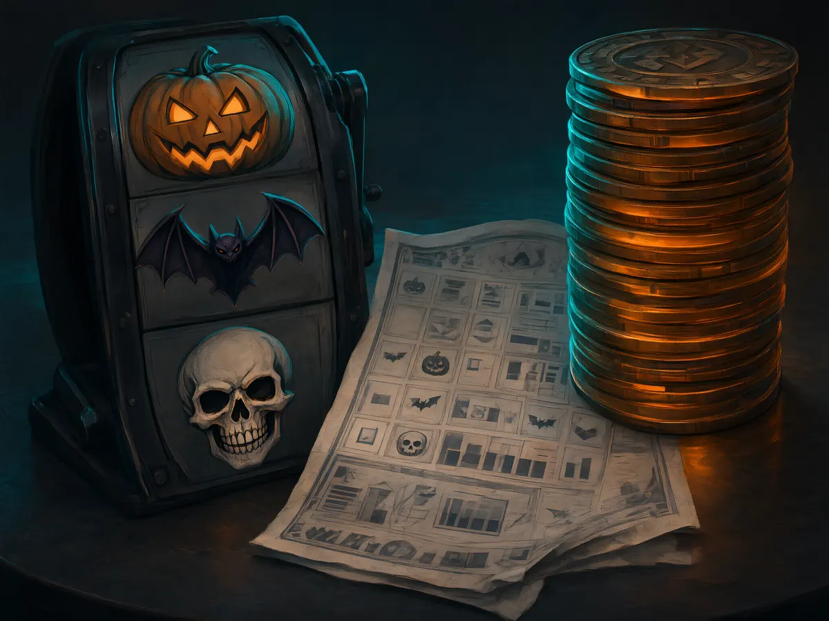 Halloween-themed slot reels beside a paytable and a stack of spin tokens