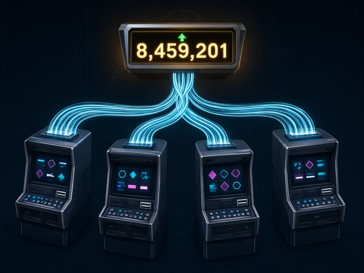 Slot machines connected by data lines to a central jackpot meter showing a rising pooled prize