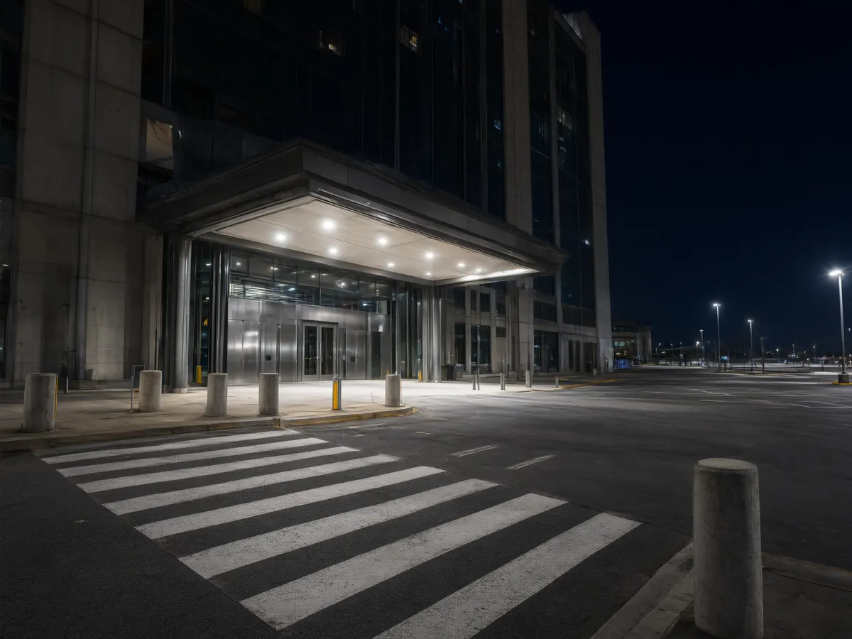 Casino entrance at night with a lit crosswalk and concrete barriers along the kerb