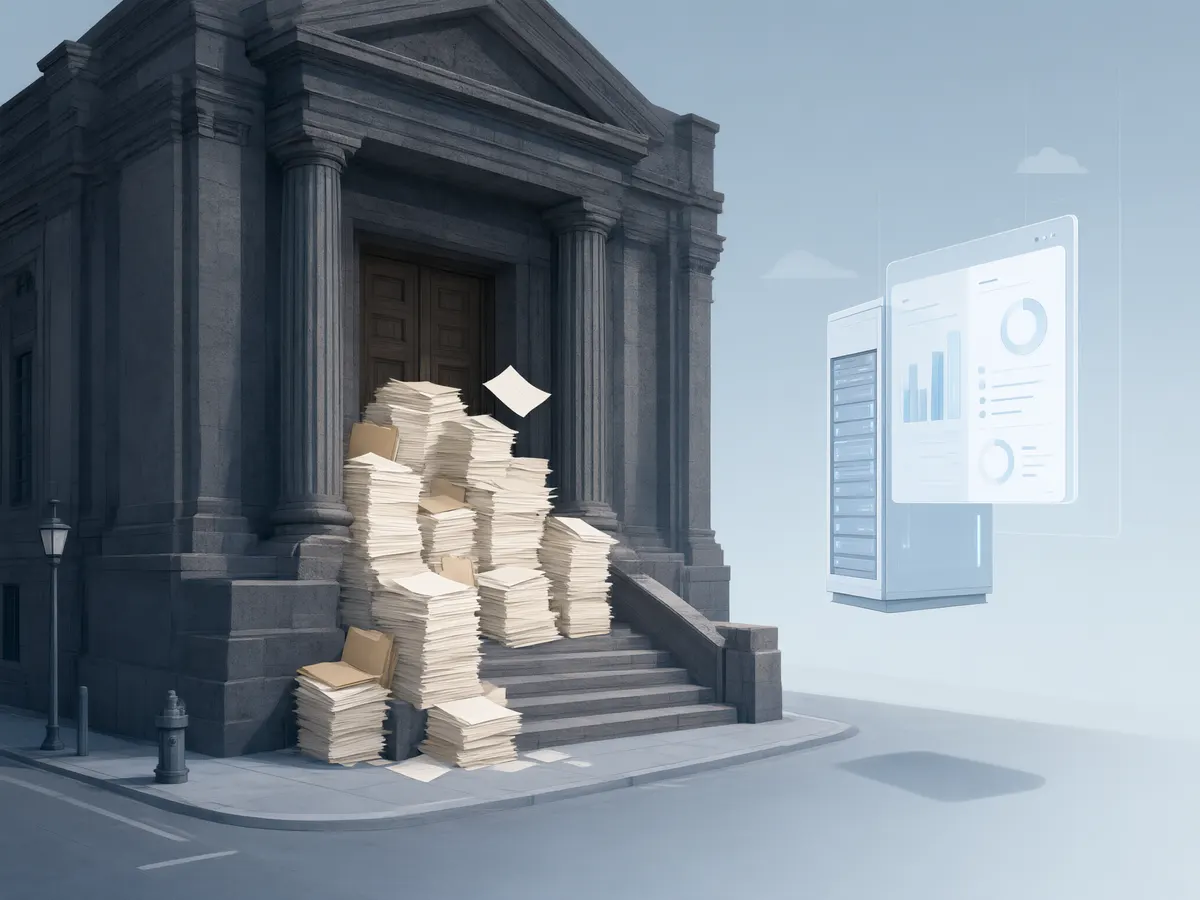 Illustration contrasting a fixed land-based casino building with a lightweight online casino server setup