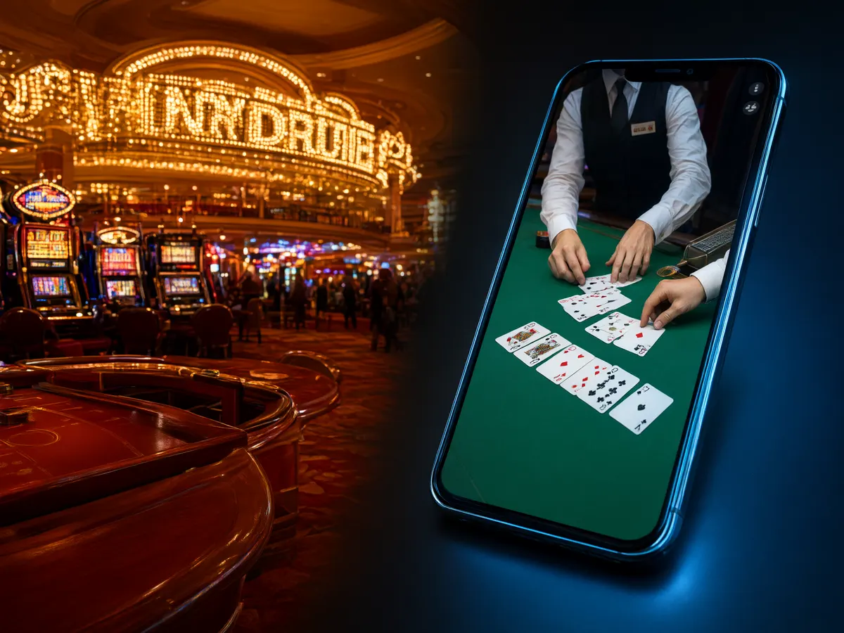 Split image comparing a land-based casino resort floor with an online casino on a smartphone