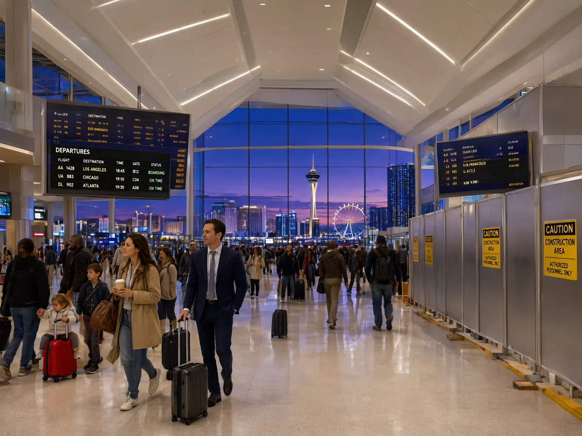 Travellers in a busy Las Vegas airport terminal with the Strip skyline visible through the windows