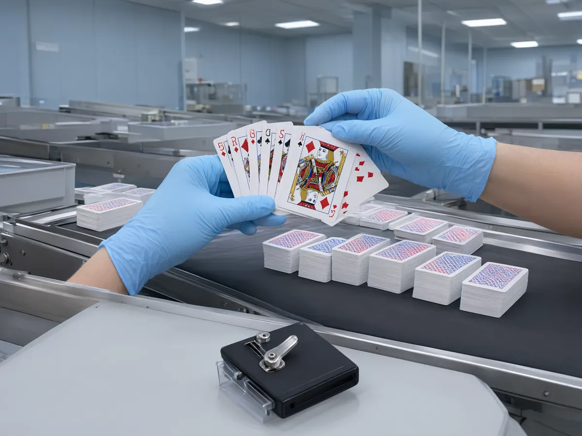 Playing cards on a factory production line with a casino dealing shoe in the foreground