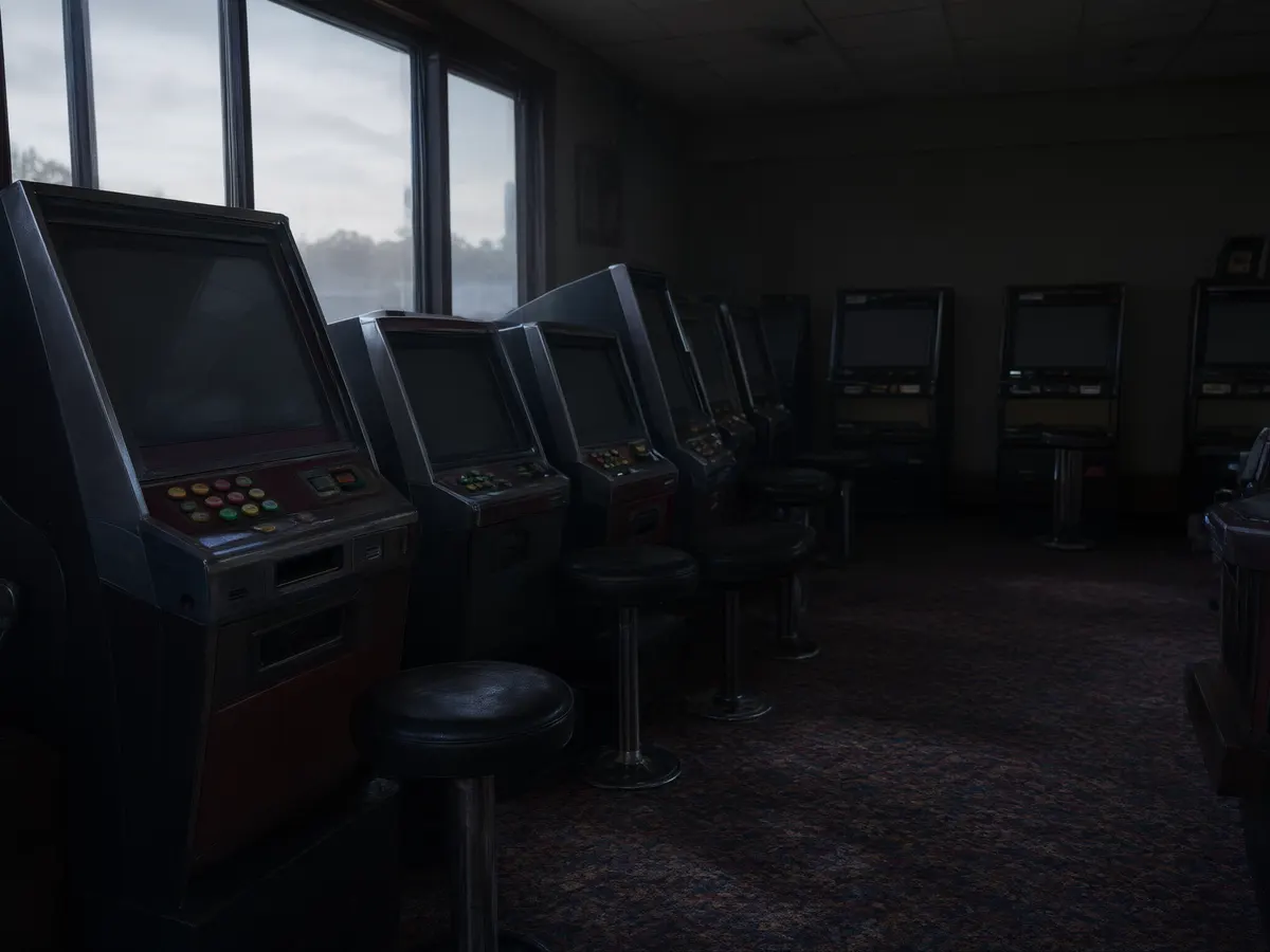 Switched-off poker machines in a darkened NSW pub gaming room at dawn