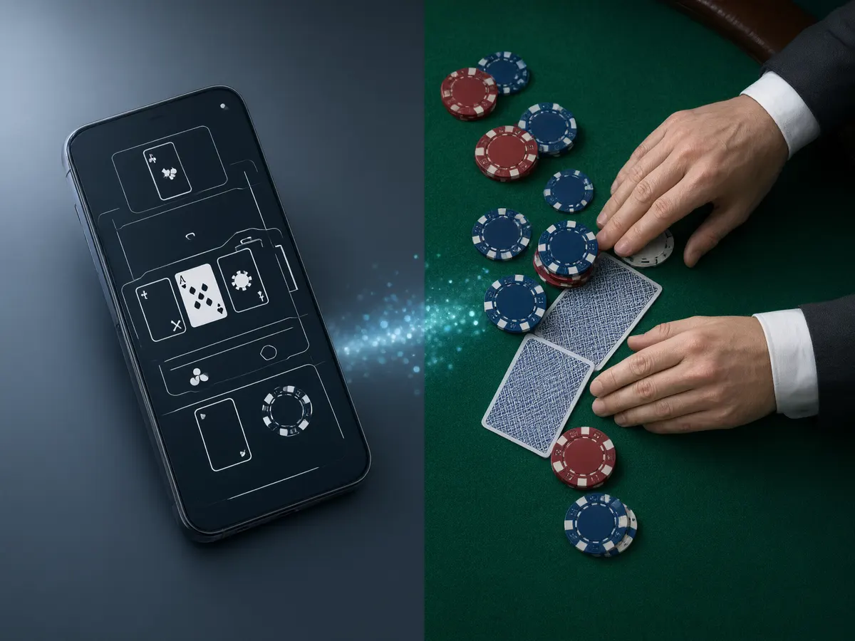 Phone showing an online blackjack table beside a real casino table, illustrating online-to-offline crossover