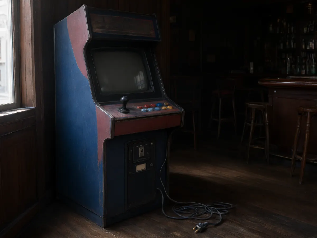 An unplugged skill games terminal standing unused in an empty bar after a regulatory ban