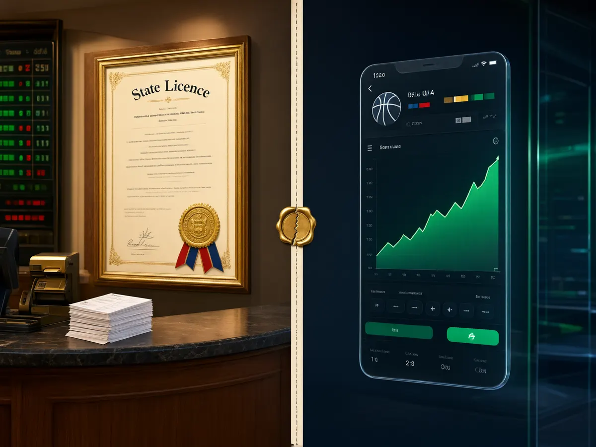 Split image comparing a licensed sportsbook counter with a prediction market trading app interface
