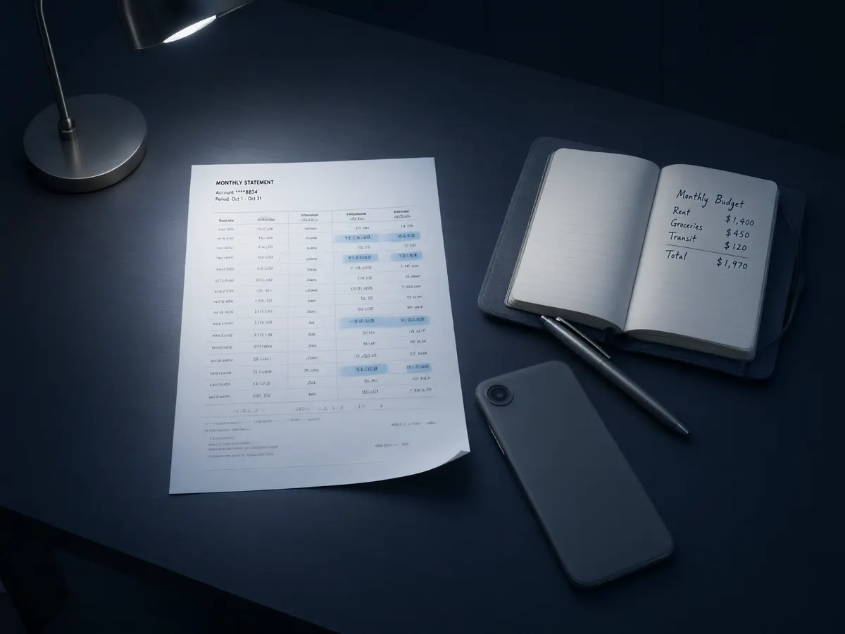 Bank statement and budget notebook on a desk, illustrating financial warning signs of problem gambling