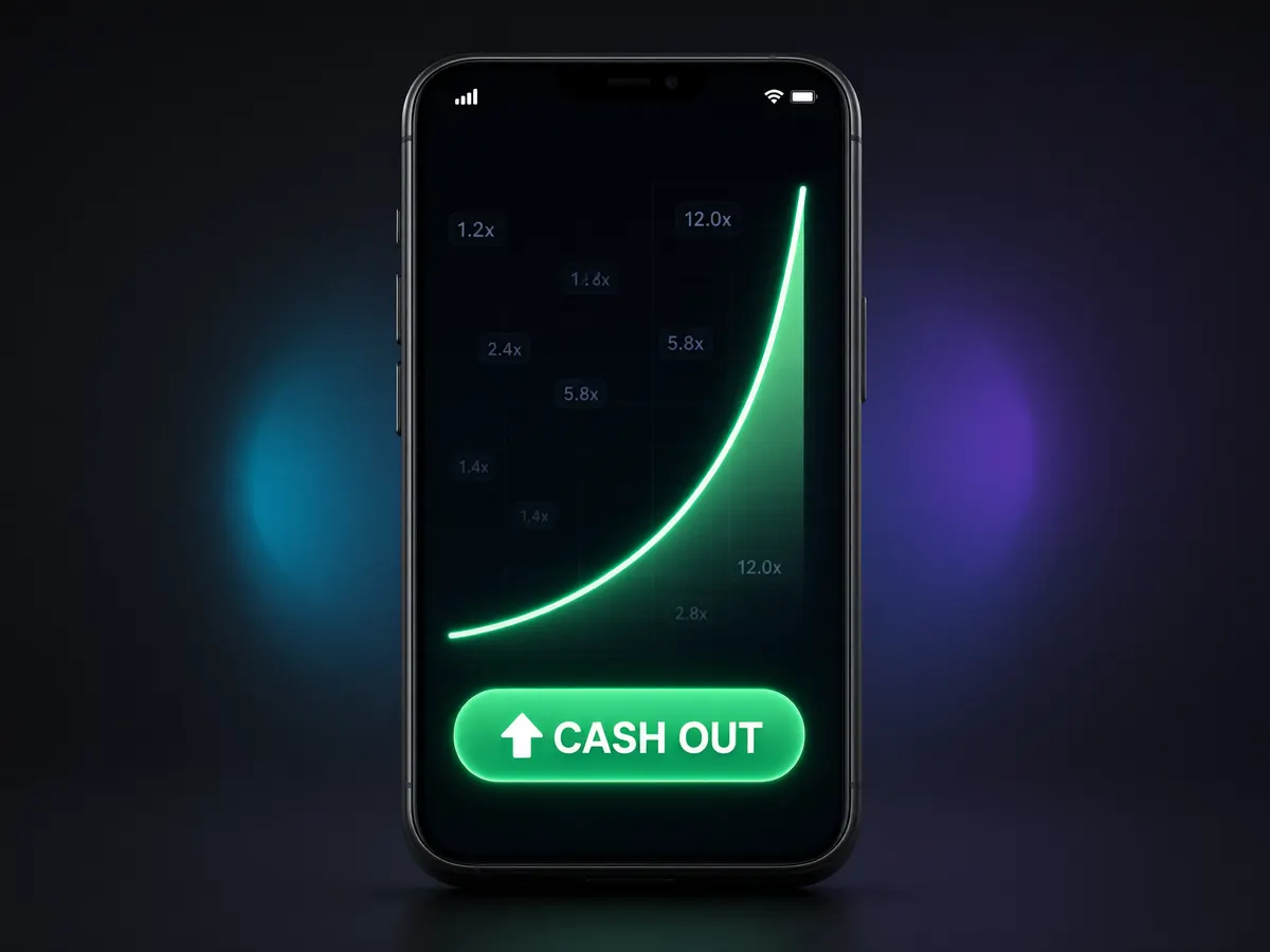 Illustration of a rising multiplier curve and cash-out button on a phone screen representing quick round casino games