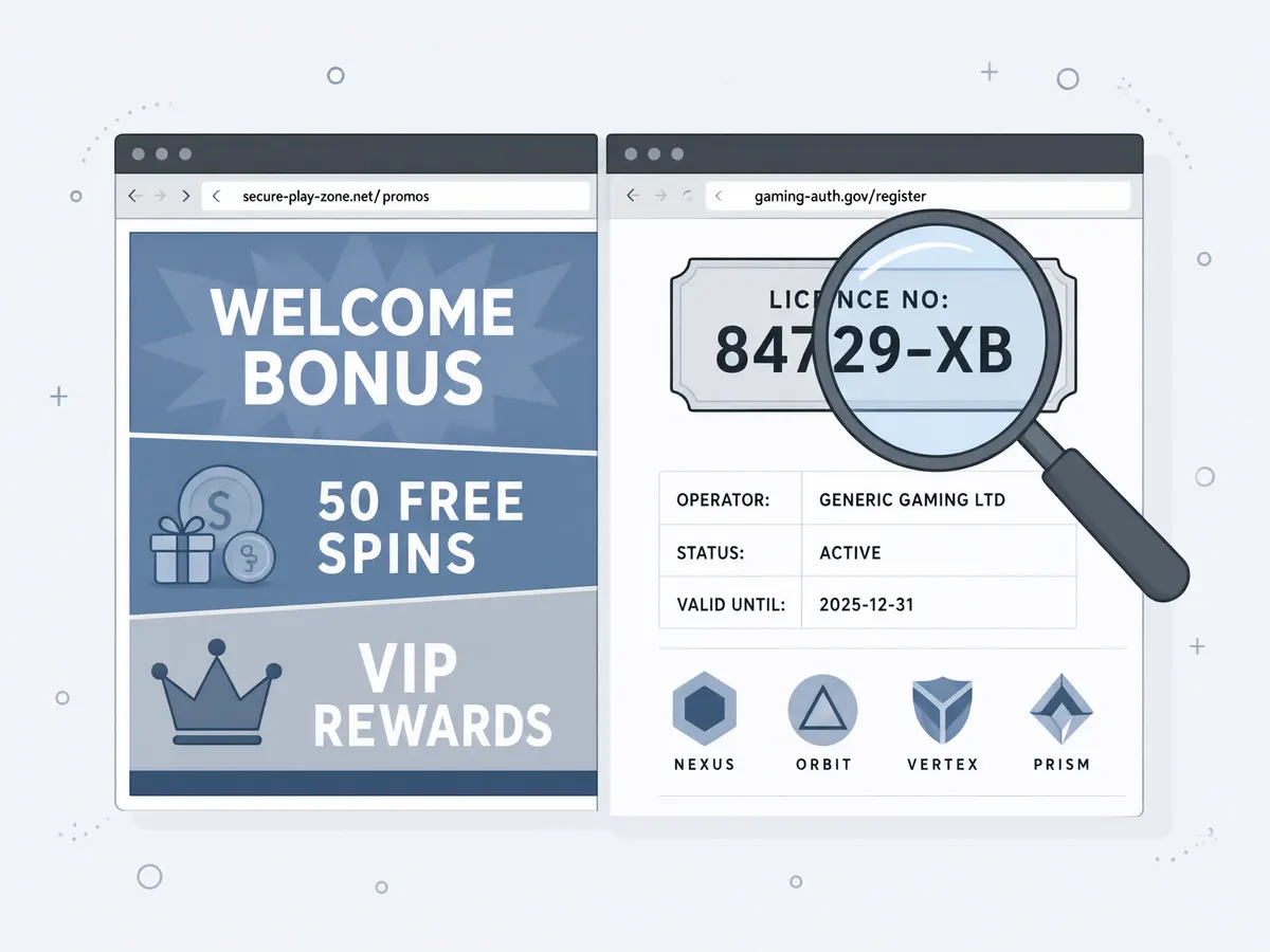 Illustration comparing a casino site's bonus banner with a licence number and studio partner list