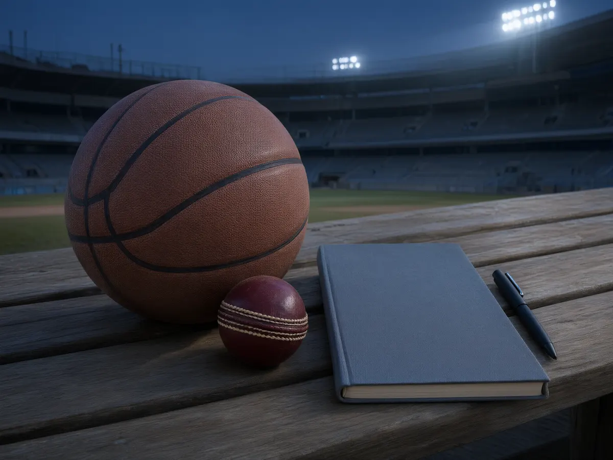 A basketball and a cricket ball on a bench in an empty stadium, with a notebook beside them