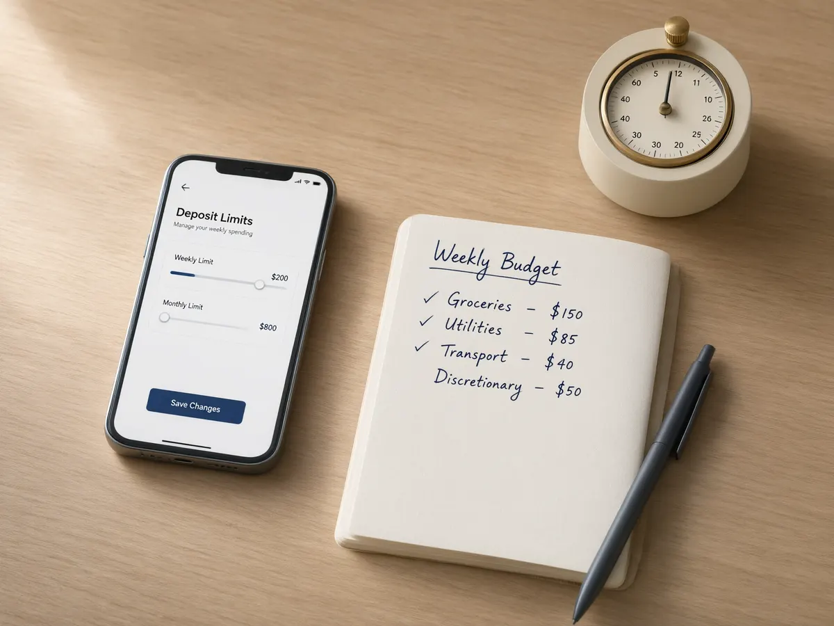 Phone showing deposit limit settings next to a notebook with a weekly gambling budget