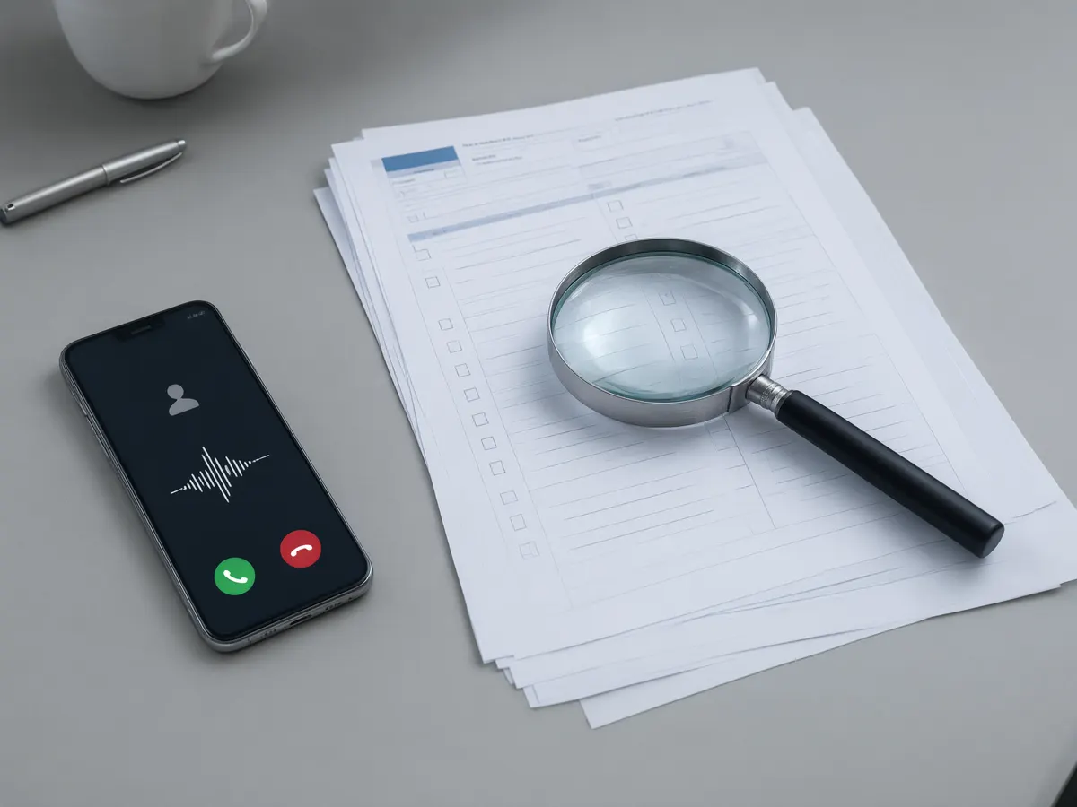 Smartphone showing a helpline call beside documents being checked with a magnifying glass