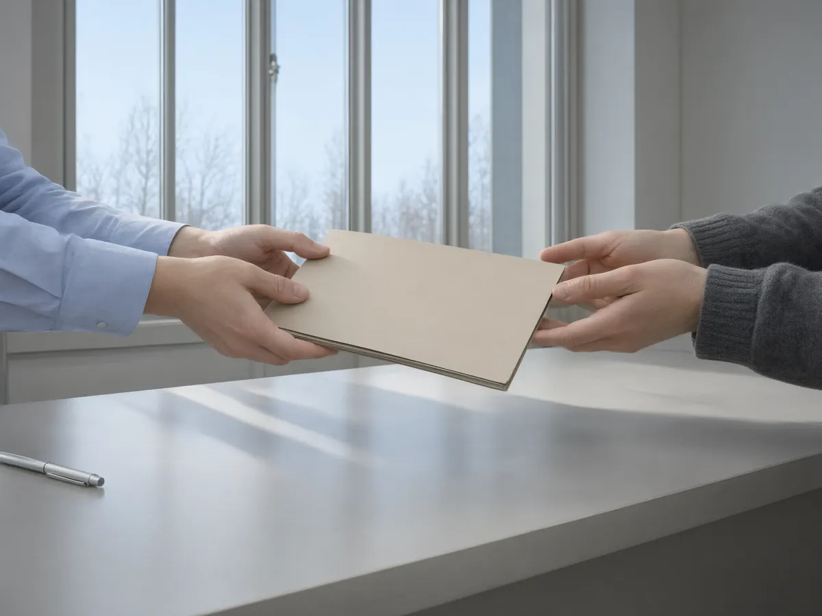 A folder of licence documents handed across a regulator's reception desk