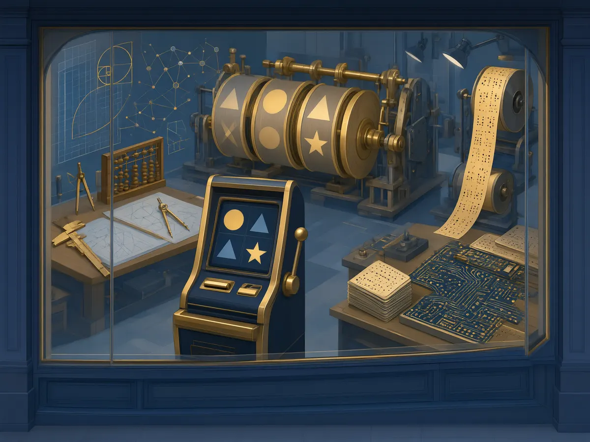Illustration of a casino storefront with the game studio workshop behind it, showing who builds slot games